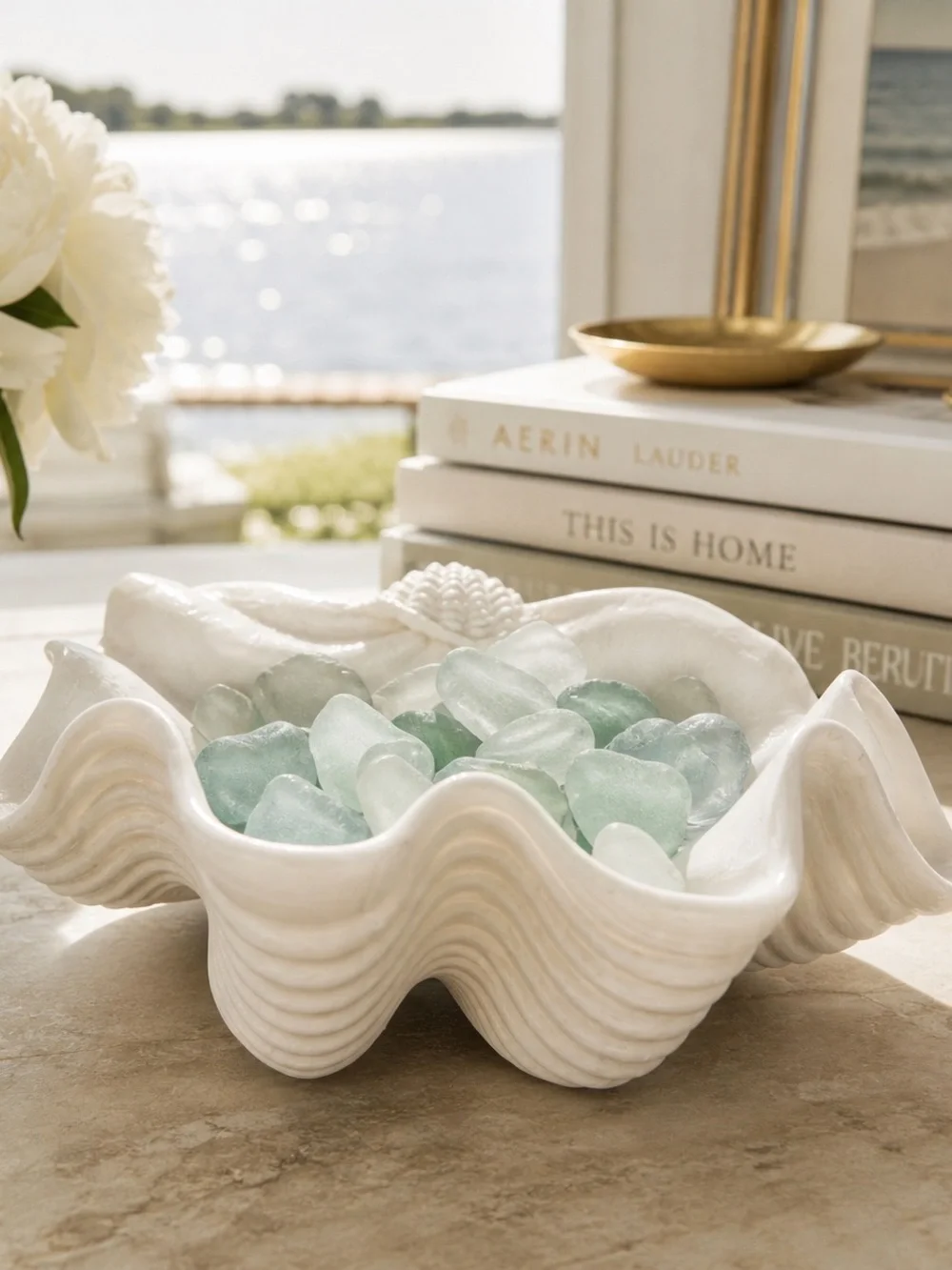 Sculptural White Giant Clam Shell Decorative Bowl Coastal Decor